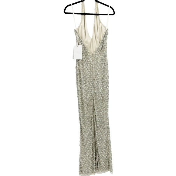 MAC DUGGAL Sequined Crystal Fringe Halter Strap Gown In Silver Size 8 NWT - Picture 8 of 12